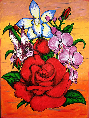 Rose and Orchids, red, art, flowers, nature, painting, acrylic, orchid HD phone wallpaper