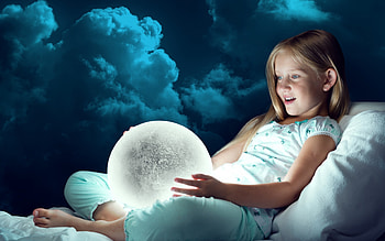 Good night, Moon!, night, blue, white, girl, copil, moon, luna, luminos, child, cloud HD wallpaper