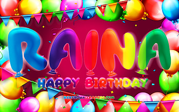 Happy Birtay Raina, , colorful balloon frame, Raina name, purple background, Raina Happy Birtay, Raina Birtay, popular american female names, Birtay concept, Raina HD wallpaper
