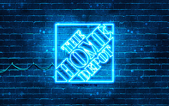 Home Depot blue logo, , blue brickwall, Home Depot logo, brands, Home Depot neon logo, Home Depot HD wallpaper