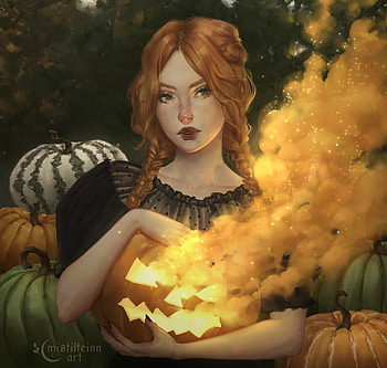 Halloween by Maria Makovetskaya, frumusete, art, girl, mistillteinn, maria makovetskaya, halloween, fantasy, yellow, smoke, pumpkin, luminos HD wallpaper