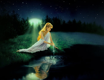 night, art, kirk reinert, girl, dark, fantasy, moon, reflection, luna, luminos, water HD wallpaper