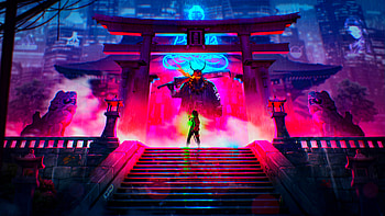 boss fight, cyberpunk, neon, Cool, castle HD wallpaper