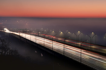 Twilight, Lights, Miscellanea, Miscellaneous, Road, Fog, Dusk, Bridge HD wallpaper