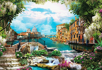 Venetian Dream, artwork, canal, wisteria, clouds, sky, flowers, italy, houses, digital HD wallpaper
