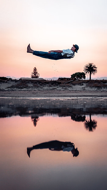 Lake, Miscellanea, Miscellaneous, Fall, Human, Person, Trick, Levitation HD phone wallpaper