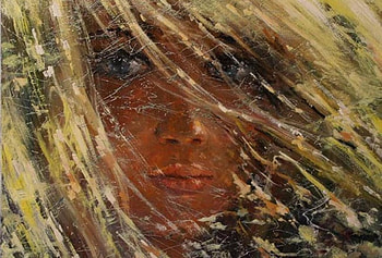 Woman in autumn colors, imagination, golden colors, colors, perfect, sadness, woman, sad eyes, painting, face, stare, lips HD wallpaper