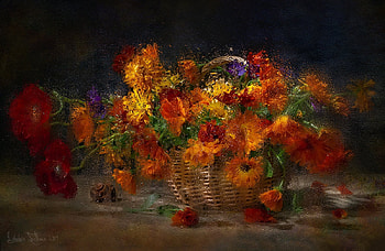 Autumn flowers, art, orange, basket, painting, pictura, flower, red, autumn, luminos HD wallpaper