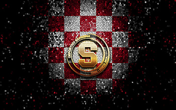 Deportivo Saprissa FC, glitter logo, Liga FPD, purple white checkered background, soccer, Costa Rican football club, Deportivo Saprissa logo, mosaic art, football, Deportivo Saprissa HD wallpaper