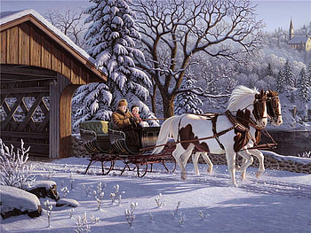 Crisp Winter Ride, winter, covered, white, horse, man, fresh, woman, horses, snow, bridge, trees, sled HD wallpaper