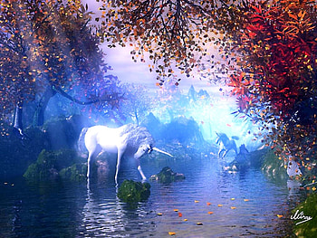 Unicorn, artwork, twilight, leaves, water, tree HD wallpaper