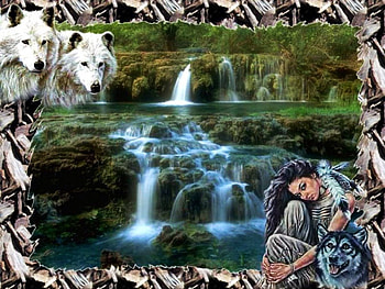 Wolves and Native, waterfall, nature, wolf, predator HD wallpaper
