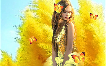Girl In Yellow, butterflies, brown, vibrant, yellow, bright, girl, gold, lovely, vivid HD wallpaper