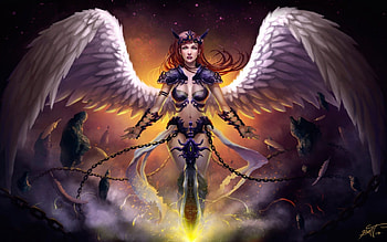 Angel, wings, girl, woman, purple, pink, feather, fantasy, game HD wallpaper