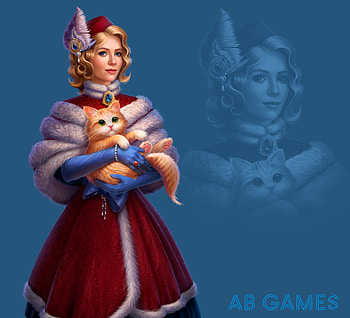 Christmas girl with cat, blue, craciun, abgames, girl, cat, orange, ginger, pisici, fantasy, christmas, red, ab games HD wallpaper