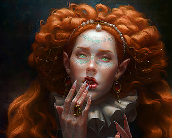 Of royal blood, grimmel arts, frumusete, art, gorgeous, girl, vampire, hand, dark, superb, jewel, fantasy, aisha fajardo, face, redhead, luminos HD wallpaper