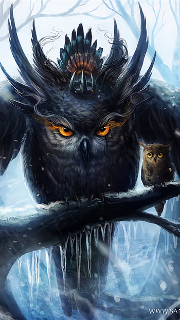 Owl Mother and Her Chick, baby animal, fantasy, owl HD phone wallpaper