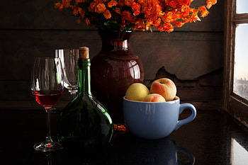 Style, Flowers, Mug, Vase, Peaches, Wine HD wallpaper