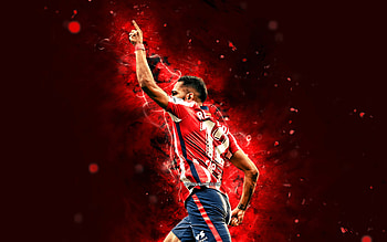 Renan Lodi, , back view, Atletico Madrid FC, red neon lights, goal, LaLiga, football, brazilian footballers, soccer, Renan Lodi Atletico Madrid, La Liga, Renan Lodi HD wallpaper