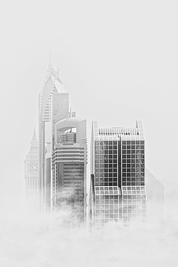 Stunning black and white of modern Dubai skyscrapers rising through fog. HD phone wallpaper