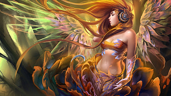 *Blooming of Music*, colorful, cute, colors, angel, digital art, music, drawings, female, wings, paintings, beautiful, fantasy, pretty, blooming, cool, girls, lovely, head HD wallpaper