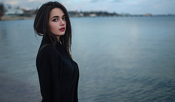 Cute Girl Black Hair Red Lips Outdoor Waterbody , black-dress, girls, model HD wallpaper