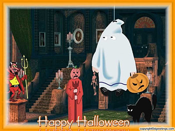 Spooky Halloween, black cat, halloween, room, ghost, skeleton, devil, pumpkin face HD wallpaper