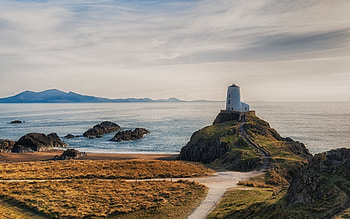 Lighthouse, sea, road, coast, rocks HD wallpaper