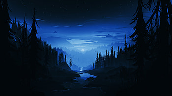 Dark night, river, forest, minimal, art HD wallpaper