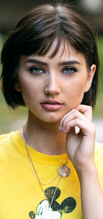 blue eyes, short hair, brunette, woman, model HD phone wallpaper