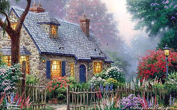 foxglow cottage, painter, kinkade, cottage, house HD wallpaper