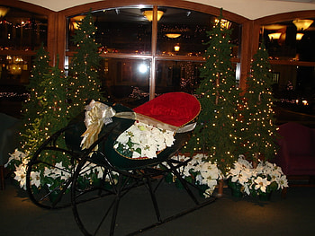 Christmas Sleigh , winter, poinsettia, ribbon, tree, decoration, sleigh, christmas, bow, christmas tree HD wallpaper