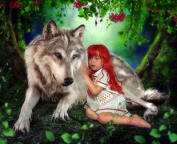 ~Best Friend~, emotional, weird things people wear, digital art, wolf, creative pre-made, love four seasons, fantasy, manipulation, girls, redhead, models HD wallpaper