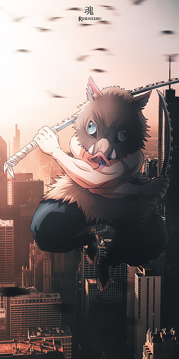 Inosuke, sky, pink, kimetsunoyaiba, city, demonslayer, kny, sunset, cityscape, anime HD phone wallpaper
