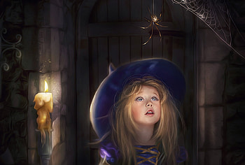 Little visit, cute, girl, spider, copil, witch, halloween, creative, fantasy, lotta lotos, child, hat HD wallpaper