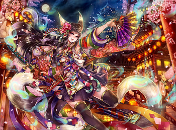 Foxgirl, colorful, frumusete, girl, fox, fan, anime, fantasy, haruci, luminos, manga HD wallpaper