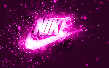 Nike purple logo, , purple neon lights, creative, purple abstract background, Nike logo, fashion brands, Nike HD wallpaper