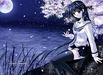 Sweet Serenity, Anime Girl, Blue Hair, Moon, Anime, Seifuku, Cherry Blossom, Dragonfly, Lake, School Uniform, Big Eyes HD wallpaper