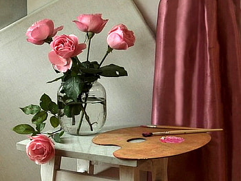 The color of roses, pink, brush, drape, roses, green, vase, paint HD wallpaper