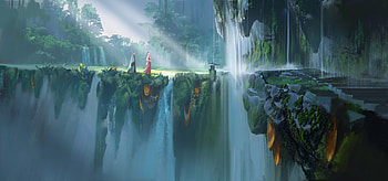 The waterfall, frumusete, art, man, gorgeous, girl, summer, superb, tianchao, fantasy, waterfall, couple, luminos, vara HD wallpaper