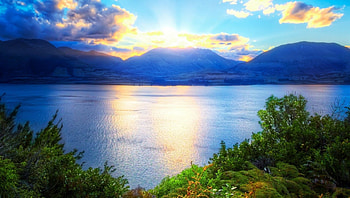 sunrise over mountains above a lake r, shore, trees, r, mountains, lake, sunrise HD wallpaper