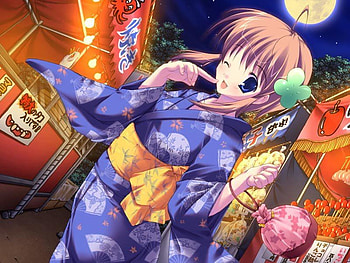 Festival, night, full moon, games, kimono, lanterns, ribbon, prizes, girl, celebration, anime, bow HD wallpaper