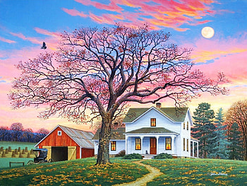 Century Farm, moon, house, tree, barn, painting, sky HD wallpaper