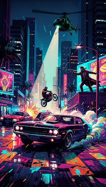 Neon Night Chase / Midnight City Pursuit / Retro Drift Run / Helihunt, motorcycle, helicopter, cityscape, neon HD phone wallpaper
