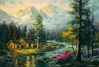 Camper's Cabin, artwork, river, painting, trees, nature, mountains HD wallpaper