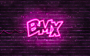 BMX purple logo, , purple brickwall, BMX logo, brands, BMX neon logo, BMX HD wallpaper