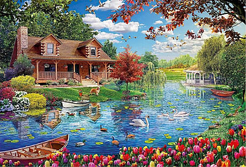 Cabin at the lake, boat, gazebo, spring, tulips, ducks, swans, painting, trees, flowers, geese HD wallpaper