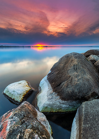 Landscape, Nature, Water, Sunset, Stones, Rocks HD phone wallpaper