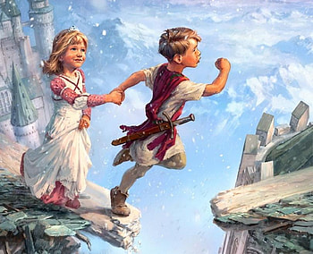 Rescuing Areti, fleeing, children, running, girl, mountain, rescuing, boy, sky, danger, castle, cliff HD wallpaper