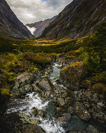 Stream, valley, landscape, rocks, nature HD phone wallpaper